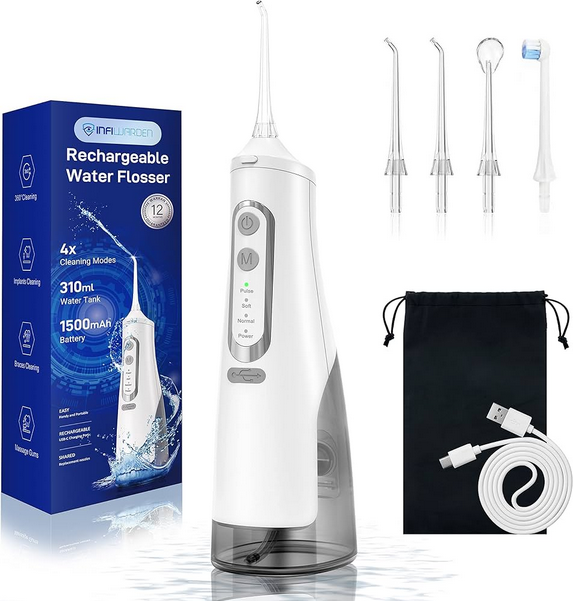 BUZZNN Water Flosser Cordless Teeth Cleaner, Professional Portable Oral Irrigator for Travel, 3 Modes, IPX7 Waterproof, Rechargeable, Water Teeth Cleaner for Home Travel (Color : White)